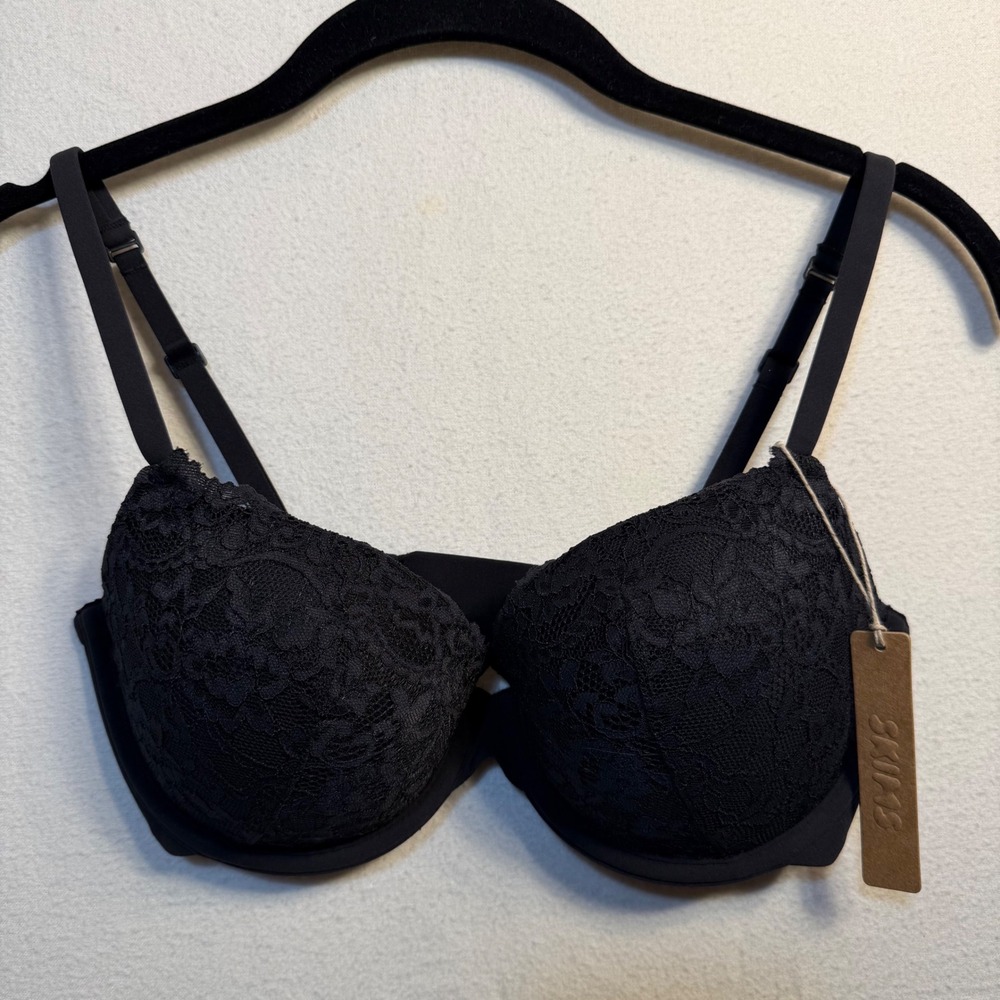 SKIMS Fits Everybody Lace Push-Up Demi Bra Onyx Black 32D BA-DEM-4666